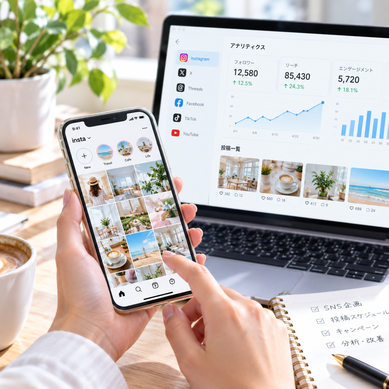 スマートフォンとPCの分析画面を表示したSNS運用イメージ