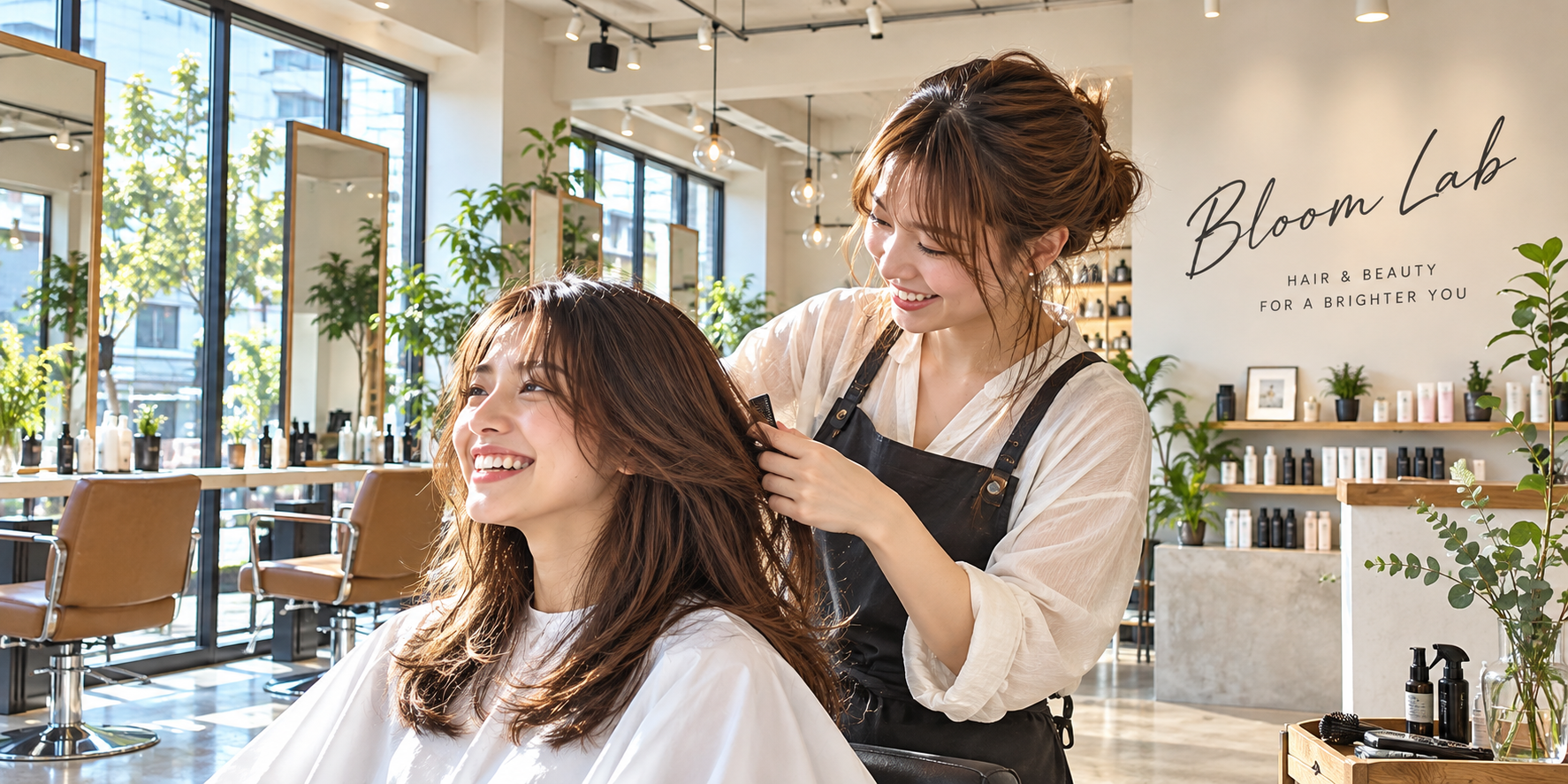 明るい店内で施術するBloom Labのスタイリスト