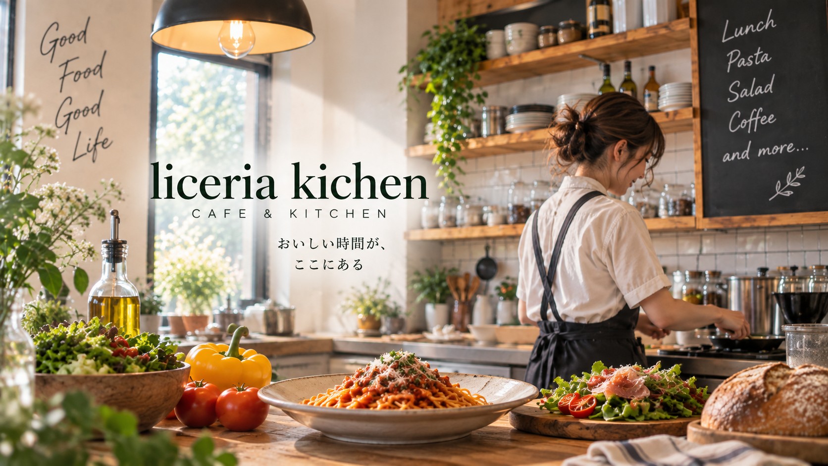 料理と温かな店内が写るliceria kichenのメインビジュアル