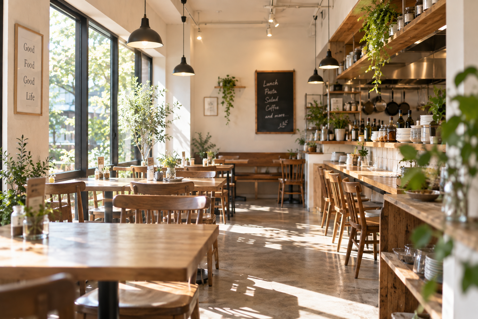 木の家具と自然光が印象的なliceria kichenの店内